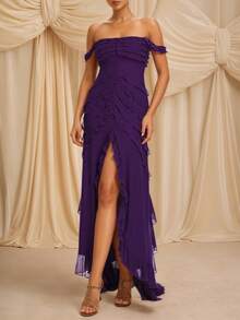 Mesh Ruffle Trim Off Shoulder Ruched Split Thigh Sheer Unlined Cloth Formal Dress,Back To School Party Dress,Homecoming Dress - Purple - View 1