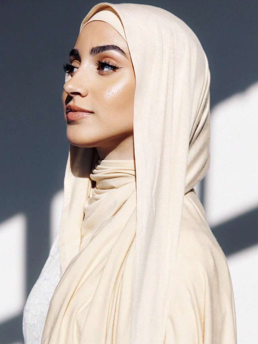 2pcs Jersey Matching Hijab & Undercap Set, Solid Color Comfortable Soft Breathable Modal Fabric, 1 Simple Tube Hijab Cap + 1 Lightweight Modal Scarf, Suitable For Daily Conservative Coverage - Beige - View 1