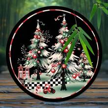 2D Flat, Room Decor Vintage Merry Christmas Iron Wall Art, 8X8 Inches Round Festive Decor, 3D Holiday Scene With Snowy Trees, Wall-Mounted & Window-Displayable, Ideal For Home, Cafe, Bar, Kitchen, Restaurant, Party & Garden Decoration Home Decor Christmas Decorations