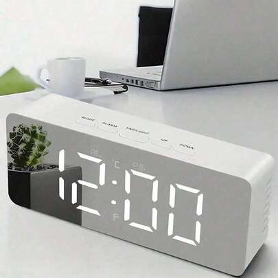 Reloj despertador LED multifuncional moderno, reloj digital pequeño con pantalla espejo, visualización de temperatura, humedad y fecha, brillo ajustable, para dormitorio, escritorio, oficina, estantería, artículo esencial de decoración minimalista para el hogar