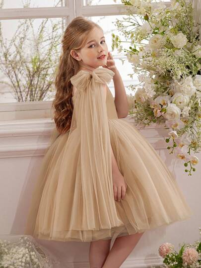 金色蝴蝶结薄纱香槟色圣诞派对优雅金色礼服，公主裙，适合女孩生日派对、宴会、正式场合、婚礼花童礼服、感恩节、毕业典礼等场合。