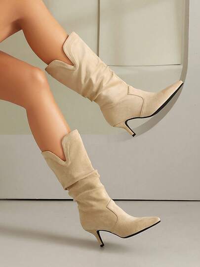 Damen Lässig Overknee Stiefel, schmale Waden, spitze Zehenpartie, Schlüpf-Stiefel bis zur Mitte des Wades, geeignet für formelle Anlässe, Partys, alle Jahreszeiten