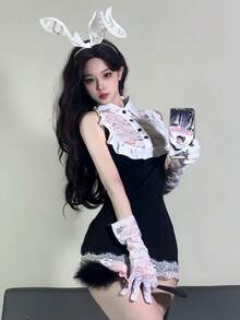 Lace Cute Girl-Style Seamless Bodysuit Set, Bodycon Skirt, Sexy Cosplay Bunny Girl/Maid Uniform, Suitable For Young Women, Christmas, Parties, Cosplay, Photo Shoots