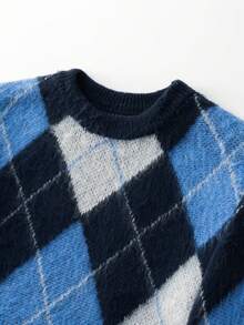 LOOKUN 新款秋冬男士休闲宽松简约菱形图案百搭圆领套头针织衫 - 藍色 - 查看 5