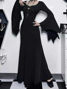 Women's Solid Color Casual Elegant Gothic Style Ruffle Sleeve Dress For Party Black - Black - View 4