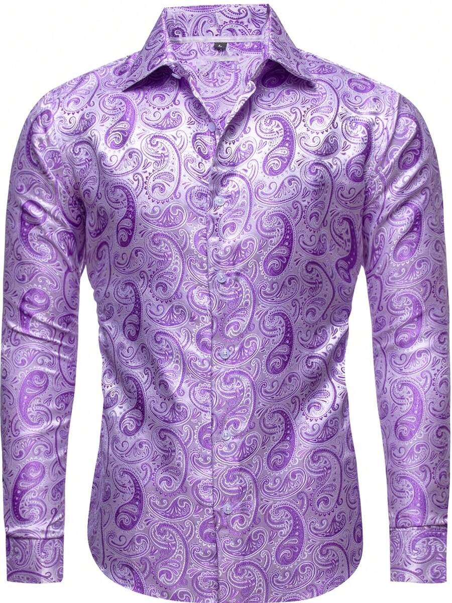 Mens Shirt Long Sleeve Vintage Purple Paisley Designer Regular Fit Button Tops Wedding Formal Casual Shirts Office - Màu tím - Xem 1