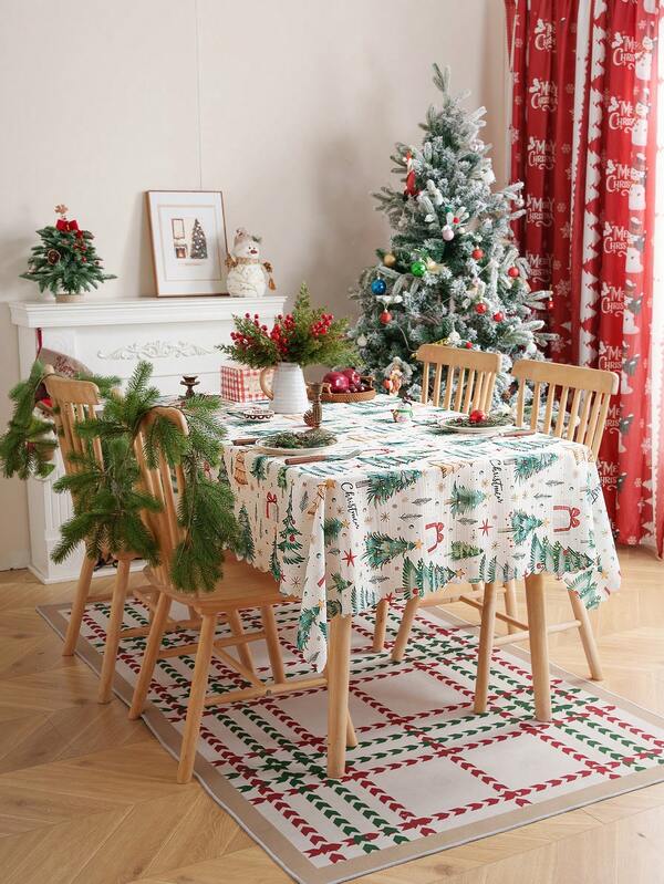1pc Christmas Printed Tablecloth With Embossed Edges, Decorative Dining Table Cover For Holiday Decor