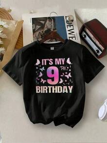 Girl's 9th Birthday TShirt,Cute Butterfly Print,Pastel Rainbow Colors,Stylish Summer Outfit,Perfect Gift For Nine Year Old,Soft Comfortable Cotton,Unique Design,Fun Celebration Apparel,Adorable Party Shirt, Fashion Tee - Black - View 1