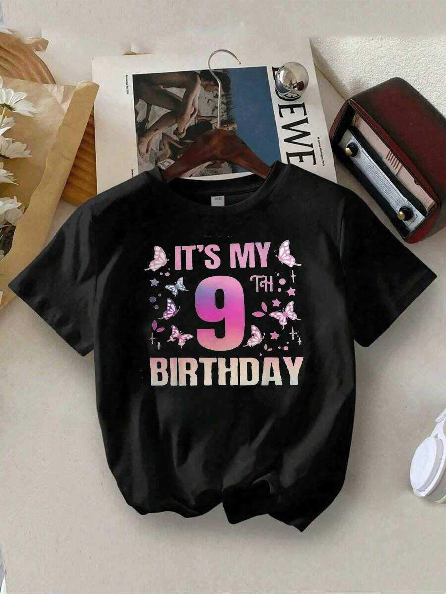 Girl's 9th Birthday TShirt,Cute Butterfly Print,Pastel Rainbow Colors,Stylish Summer Outfit,Perfect Gift For Nine Year Old,Soft Comfortable Cotton,Unique Design,Fun Celebration Apparel,Adorable Party Shirt, Fashion Tee - Black - View 1