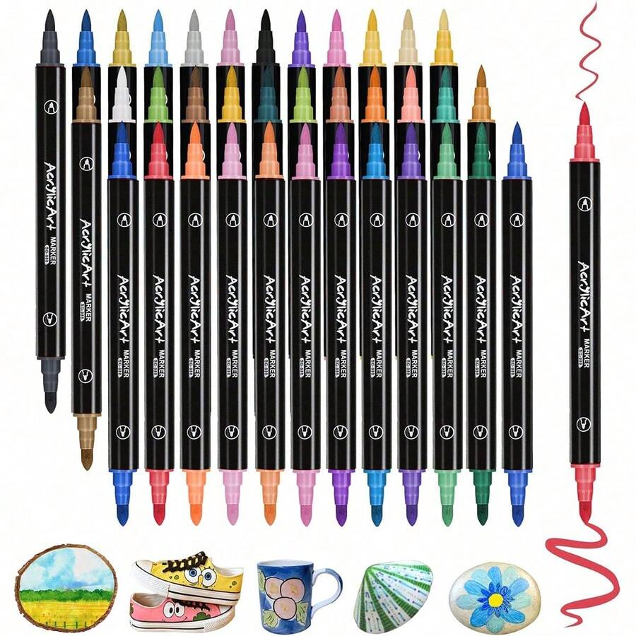 Acryl-Farbstifte mit Doppelspitze in 36 Farben, Farbmarker, Acrylmarker für Felsmalerei, Holz, Glas, Kunststoff, Stoff, Keramik-Malset, Bastelbedarf für Erwachsene