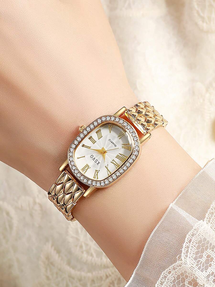 Women's Fashion Oval Crystal Rhinestone Watch Roman Numerals Stainless Steel Mesh Strap Quartz Watch For Daily School Gift Wedding Office
