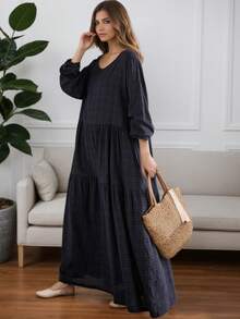 AZAH Áo kiểu Tết Nguyên Đán Trung Quốc 2026, Đầm dài tay cổ tròn dáng rộng xếp ly mùa thu mới, Đầm dáng suông nữ, Đầm đi biển phong cách Bohemian thường ngày, Đầm cơ bản, Đầm liền thân, Đầm dài mùa thu thanh lịch màu đen - màu đen - Xem 8