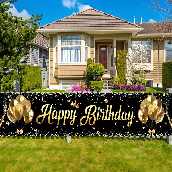 1pc, Happy Birthday Banner, Made Of Polyester Material, Black And Gold Birthday Party Decoration, Suitable For Party Supplies, Birthday Party Background Decoration, Outdoor And Indoor Home Decoration, Courtyard Decoration