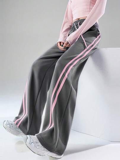 Retro High Waist Wide Leg Casual Pants With Drawstring And Triple Stripes, Loose And Slimming, Versatile Maxi Pants For Women
