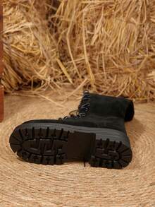 秋冬新款厚底过膝靴，朋克风格系带侧拉链时尚绒面女式马靴，黑色靴子 - 黑色 - 查看 7