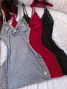 3-Piece Set Of Women's Solid Color Lace Pajamas, Lace Panel, Side Slit Skirt, Sexy Lace Home Sleepwear - 混合色 - 查看 2