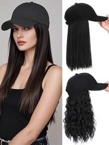 女士假发 12 英寸短波浪棒球帽假发，带卷发/直发接发，假发合成波浪可调节棕黑色棒球帽假发 - 彩色 - 查看 3