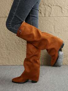 修身绒面革过膝中筒马术靴，粗跟高跟法式西部尖头女鞋 - 棕色 - 查看 2