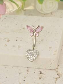 1 件朋克风格肚脐穿孔首饰，蝴蝶和心形锆石肚脐环，适合女性派对、舞蹈比赛和日常佩戴