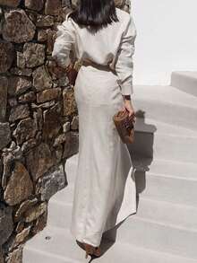 2 件套女士时尚休闲纽扣长袖上衣和全长裙子套装 - 塔灰色 - 查看 5