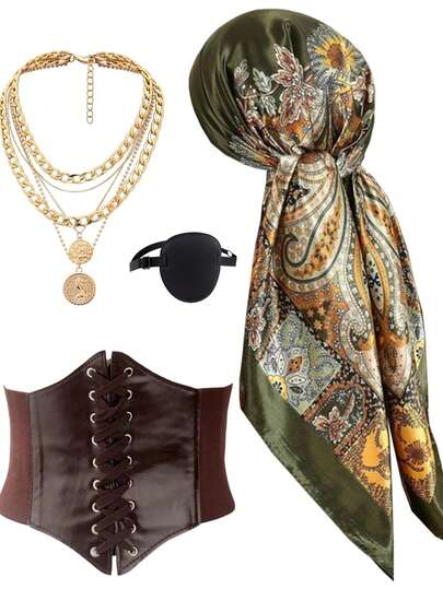 4 szt. rekwizytów do kostiumów na bal halloweenowy, akcesoriów, chust na głowę dla kobiet pirackich, masek na oczy, średniowiecznych gorsetów, naszyjników, biżuterii i dodatków do kostiumów