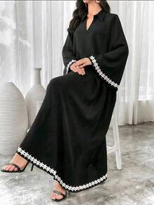 Robe décontractée élégante d'automne pour femmes avec col en dentelle et patchwork, convient pour les vacances, le port quotidien et les sorties, automne/hiver - Noir - Voir 1