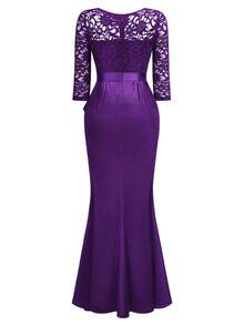 MIUSOL Elegant Women's V-Neck Contrast Lace Ruffle Satin Maxi Dress, Bodycon Split Hem,  Perfect For Formal Wedding Guest , Evening Party, Birthday - Màu tím - Xem 8