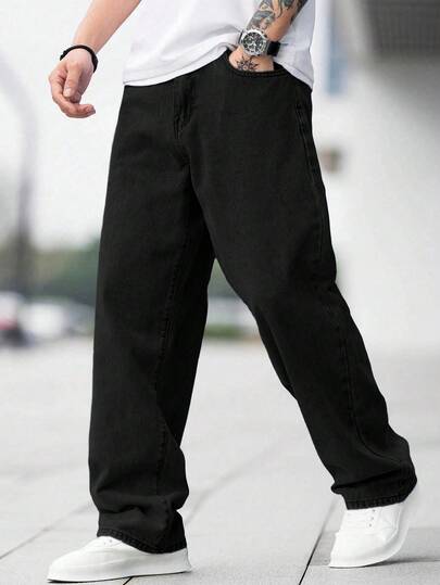 1 pièce Jeans de navetteur de style américain minimaliste lavé, Pantalon ample et décontracté à jambes larges polyvalent pour hommes (sans ceinture ni accessoires)