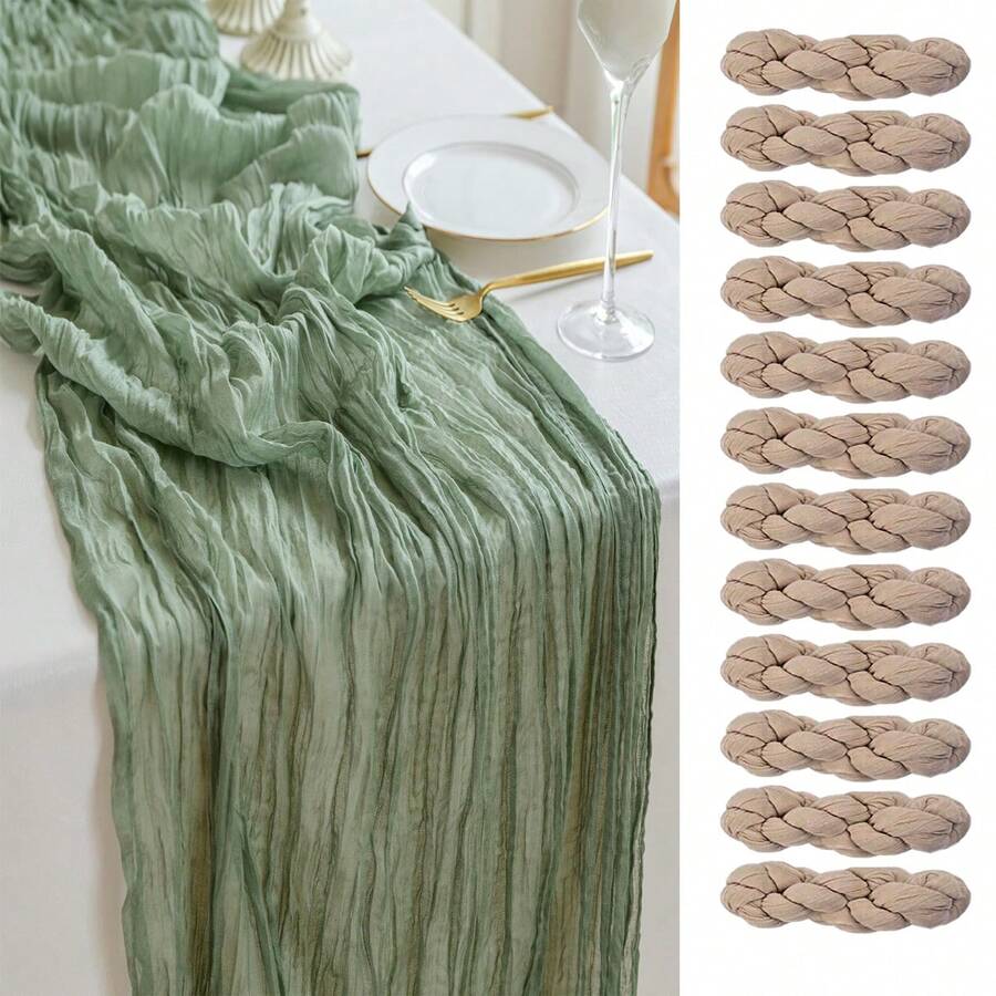 1/6/12 Pack Romantic Bohemian Style Gauze Table Runner | Long Cotton Soft Breathable Bali Table Runner For Summer Wedding Birthday Party, Bridal Shower, Baby Shower, Thanksgiving, Christmas, Table Decoration, Holiday Dinner, Halloween Christmas Decoration - 鼠尾綠 - 查看 1