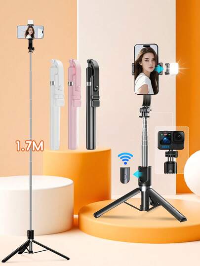 1.7M/70cm Wireless Bluetooth Selfie Stick Tripod, With LED Fill Light, Wireless Remote Control 360° Rotating Mobile Phone Stand, Compatible With IPhone16 15 14 13 12 11e/Max/ Pro /Xs/ Xr/X/Plus, Compatible With Samsung Galaxy S25/S24/S23 /S22Ultra, And Other Android Smartphones, GoPro, Suitable For Travel And Self-Broadcasting Shooting