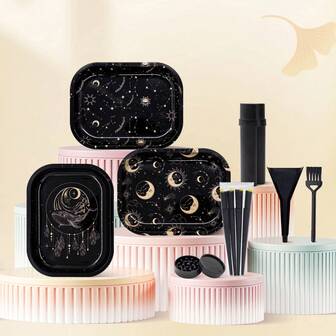 1 set svarta och guldfärgade röktillbehörskit, inkluderar 18 cm * 14 cm mönstrad bricka, svarta 110 mm stora rullpapper, 2-i-1 förvaringsrör, dubbellagerskvarn, fyllmedel och liten borste, 8 rullpapper per låda, mångsidig för hemmabruk eller fest, perfekt present till vänner, högtider, födelsedagar, jul