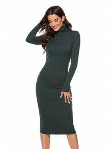 Women Sweater Dresses - Dark Green - View 1