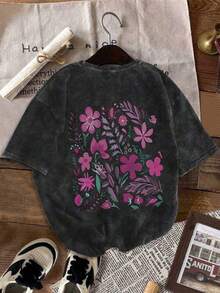 大码女式休闲碎花纯棉T恤，黑色水洗圆领短袖上衣，简约风格，适合日常穿着，复古设计，夏季款 - 黑色 - 查看 2