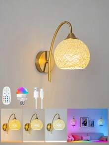 Battery Powered Wall Lamp, Wireless Gold Wall Light With Remote Control, Dimmable Detachable Rechargeable Bulb, 15-Color Wall Lamp For Bedroom, Living Room, Corridor Decor