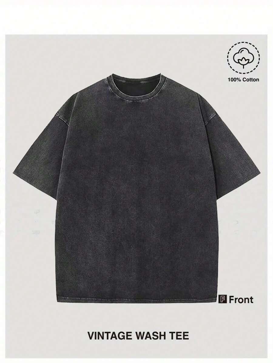 Men's Solid-Color Washed Cotton T-Shirt, 230G Soft Cotton, Oversized And Breathable, Suitable For Summer & Fall And Street Outdoor Wear - màu đen - Xem 1