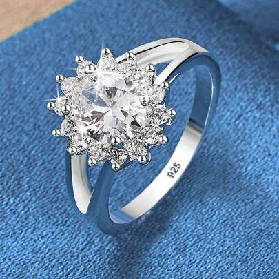 Inel placat cu argint 925, cu zirconiu strălucitor - model floarea-soarelui - potrivit pentru ținute de nuntă și cadouri - cadou de Ziua Îndrăgostiților