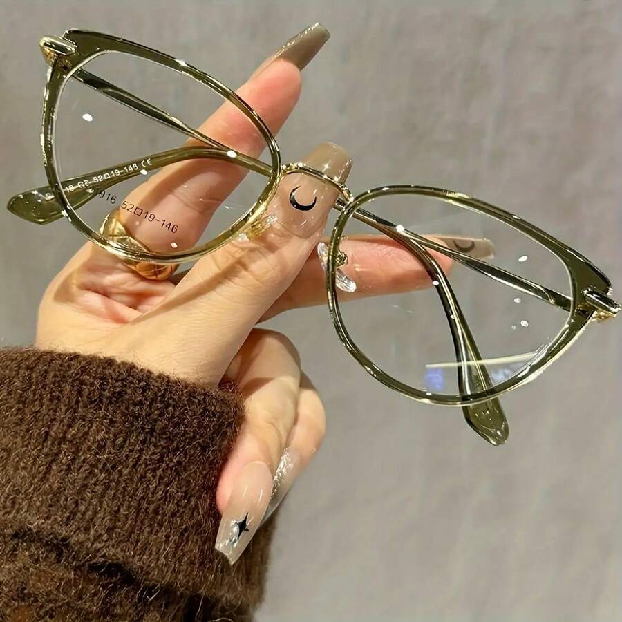 Y2K Style Women's Cat Eye Glasses - Lightweight PC Frame With Metal Rivet Decoration, Transparent Lenses Suitable For Digital Screens And Daily Outings, Comes With Cleaning Cloth, Fashion Accessories, Retro , Decorative Rivets, Unique Frame, Exclusive For Fashion Enthusiasts - Màu xanh Ô liu - Xem 1