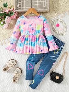 Young Girls Tie-Dye Flare Sleeve Round Neck Top + Heart Print Slim Fit Pants Set