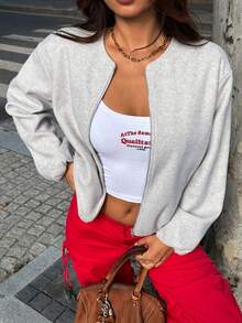 Women's Bomber Jacket Zipper Cardigan Solid Color Versatile Comfortable Double Layer Outwear