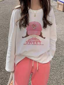 女士宽松卡通印花长袖棉质T恤，百搭春秋装 - 白色 - 查看 3