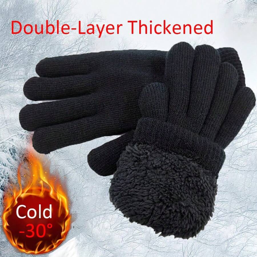 2/1pair Winter Cold-Proof Fleece Knitted Gloves Warmers Gloves Soft Warm Double Layer Male Thickened Cycling Gloves Ski Gloves For Women Men - Black - View 1