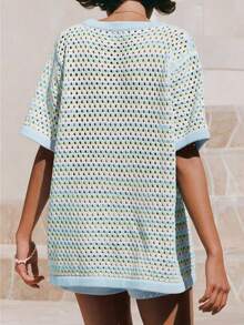 Women's Boho Beach Vacation Set, Crochet Knit Cover Up With Striped Button Shirt, Summer Short Sleeve - 藍色 - 查看 4