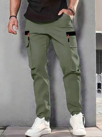Men's Outdoor Trekking, Fishing, Camping, Mountain Climbing, Fitness, Running, And Casual Fashion Workwear Zipper Large-Pocket Elastic Waistband Slant-Pocket Straight-Leg Gray Pants