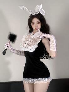 Lace Cute Girl-Style Seamless Bodysuit Set, Bodycon Skirt, Sexy Cosplay Bunny Girl/Maid Uniform, Suitable For Young Women, Christmas, Parties, Cosplay, Photo Shoots