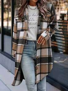 Women's Plaid Pocket Flannel Shirt, Button Front, Casual Everyday Wear - Brown - View 3