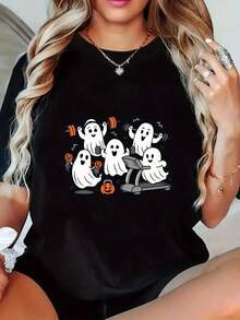 Women'S Halloween Graphic T-Shirt - Short Sleeve, Crew Neck, Soft Polyester Blend, Casual Fit With Pumpkin & Ghosts Design, Perfect For Summer & Fall Celebrations, Halloween Clothes,Nightmare Before Christmas,Christmas,Halloween Costumes,Funny T Shirts,Summer Outfits,Thanksgiving Day,Men Graphic Tees,Streetwear Men - Black - View 1