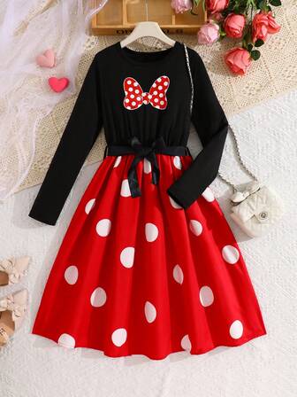 女童 8-12 岁复古波尔卡圆点长袖连衣裙，带蝴蝶结装饰，圆领中长喇叭形束腰优雅连衣裙，秋冬