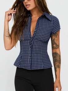 Women Y2k Button Down Shirt Top Blouse Plaid/Solid Color Short Sleeve Lapel Slim Fit Gingham T Shirts Crop Tops Summer Going Out Cropped Tees Tops Party Club Streetwear - Màu xanh hải quân - Xem 5