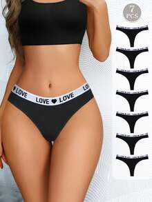7 件装黑色低腰无缝性感女式丁字裤带字母松紧带，柔软舒适棉质运动短裤内裤 - 黑色 - 查看 3
