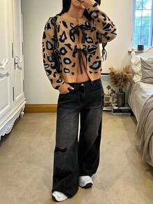 FOR BEAUTY Autumn/Winter New Fashion Leopard Print Tie Bow Knitted Cardigan Women Short Colorblock Sweater Jacket, New Year - Khaki - View 3